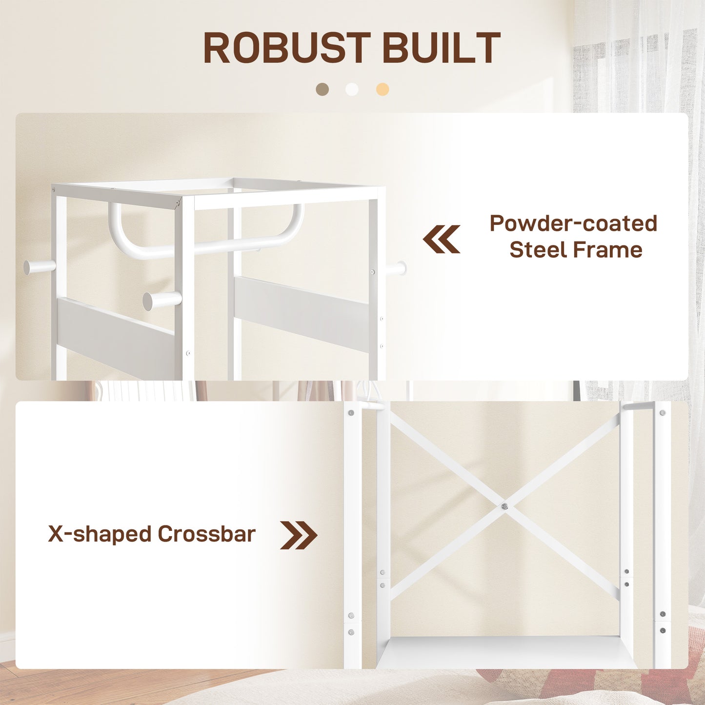 HOMCOM Clothes Rail with Storage Shelf and Hooks, Freestanding Clothes Rack for Entryway, Living Room, Bedroom, White Wood Grain