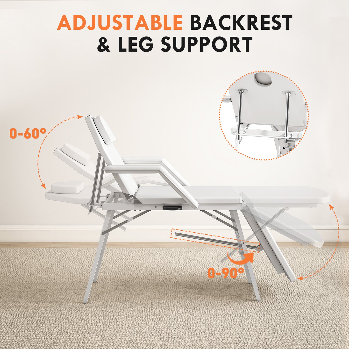 HOMCOM Portable 3-Section Foldable Massage Table, Adjustable Beauty Bed with Face Hole, Removable Headrest & Armrests for Spa, Lash, Tattoo, White
