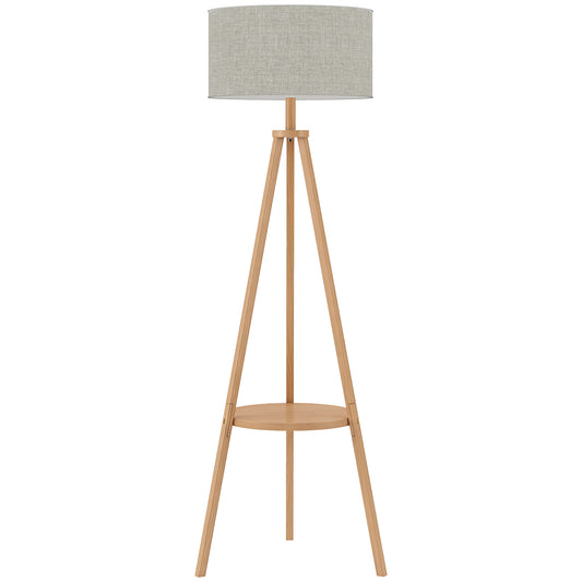 HOMCOM Bedside Light, Tripod Floor Lamp with Storage Shelf and Linen Shade for Living Room, 160cm, Natural Wood Colour