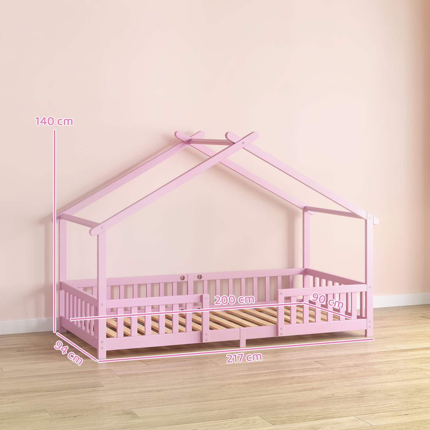 AIYAPLAY Wooden Kids House Single Bed Frame, Solid Pine Wood Toddler Bed with Dual Guardrails for Children, Boys, Girls, Pink