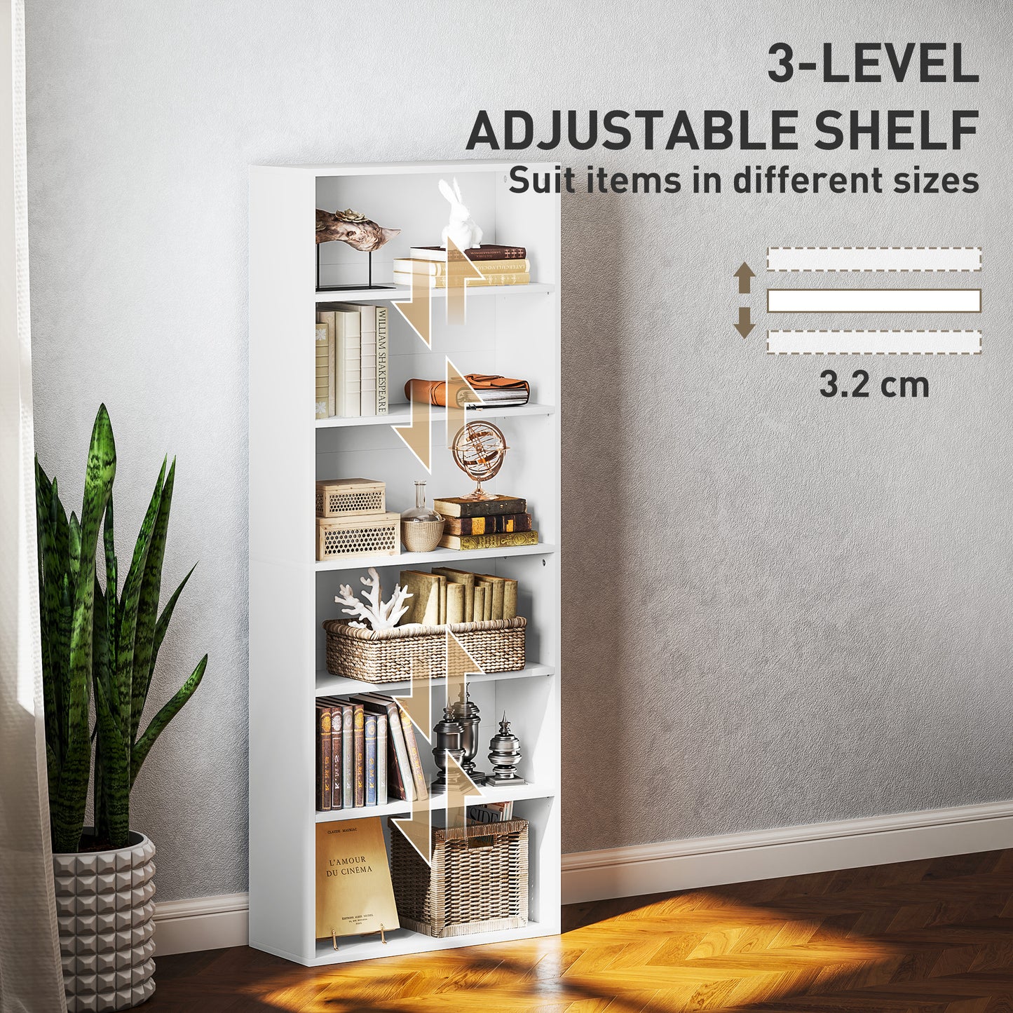 HOMCOM 6 Tier Bookshelf, Freestanding Adjustable Shelves, Display Storage for Living Room/Bedroom/Study, 60x24x158.5 cm, White
