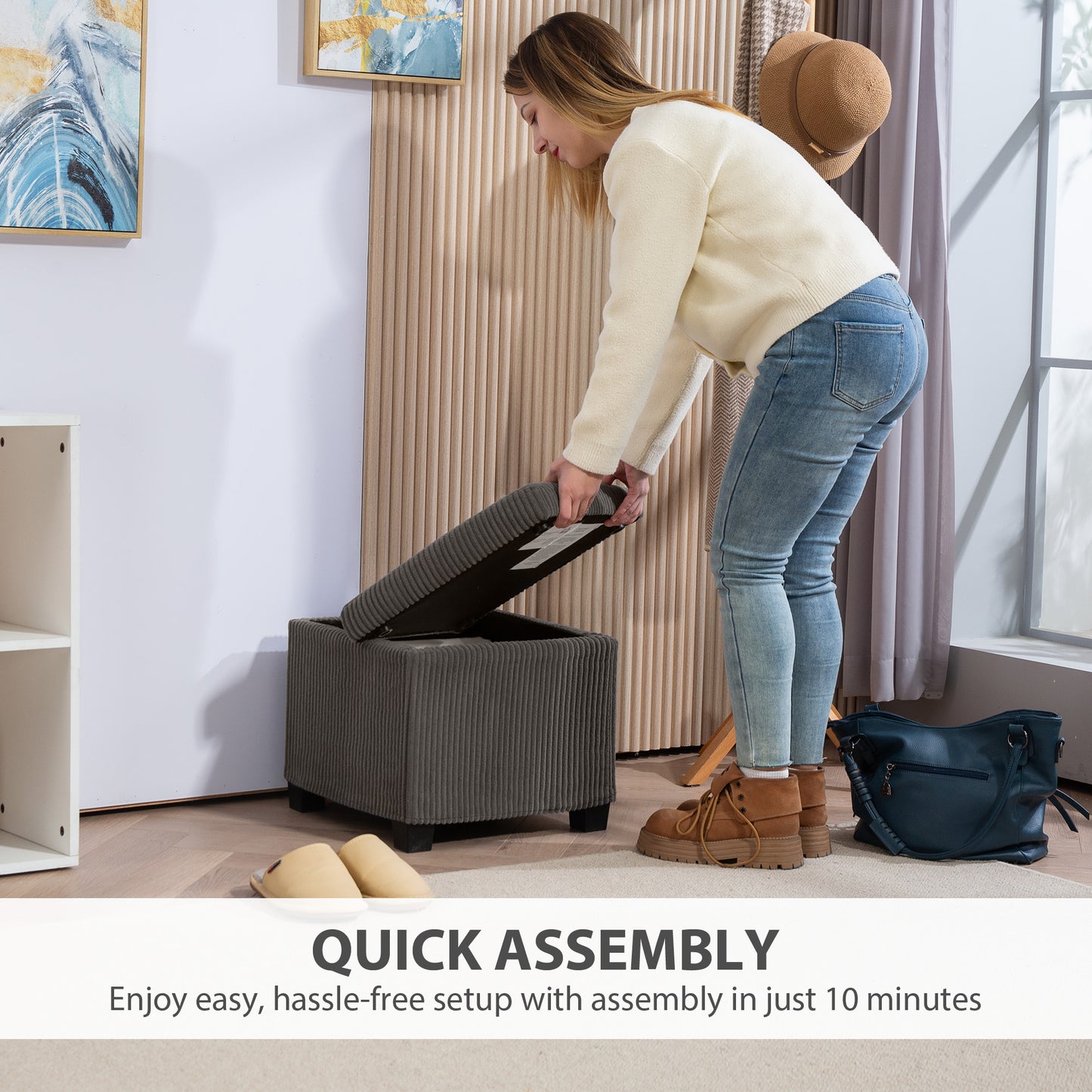 HOMCOM Storage Ottoman Bench, Corduroy Footstool with Removable Lid and Legs, 40cm Storage Chest Box for Living Room, Bedroom, Hallway, Grey