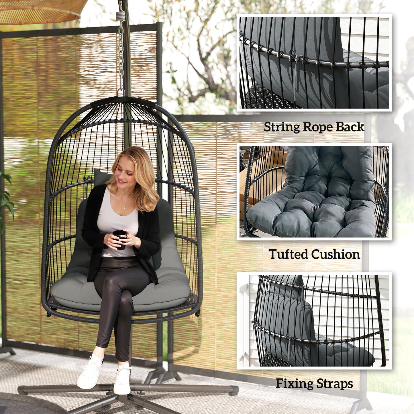 Outsunny Hanging Egg Chair Indoor Outdoor Rattan Swing with Installation Kit, Foldable Seat, Thickened Cushion & Headrest, Dark Grey