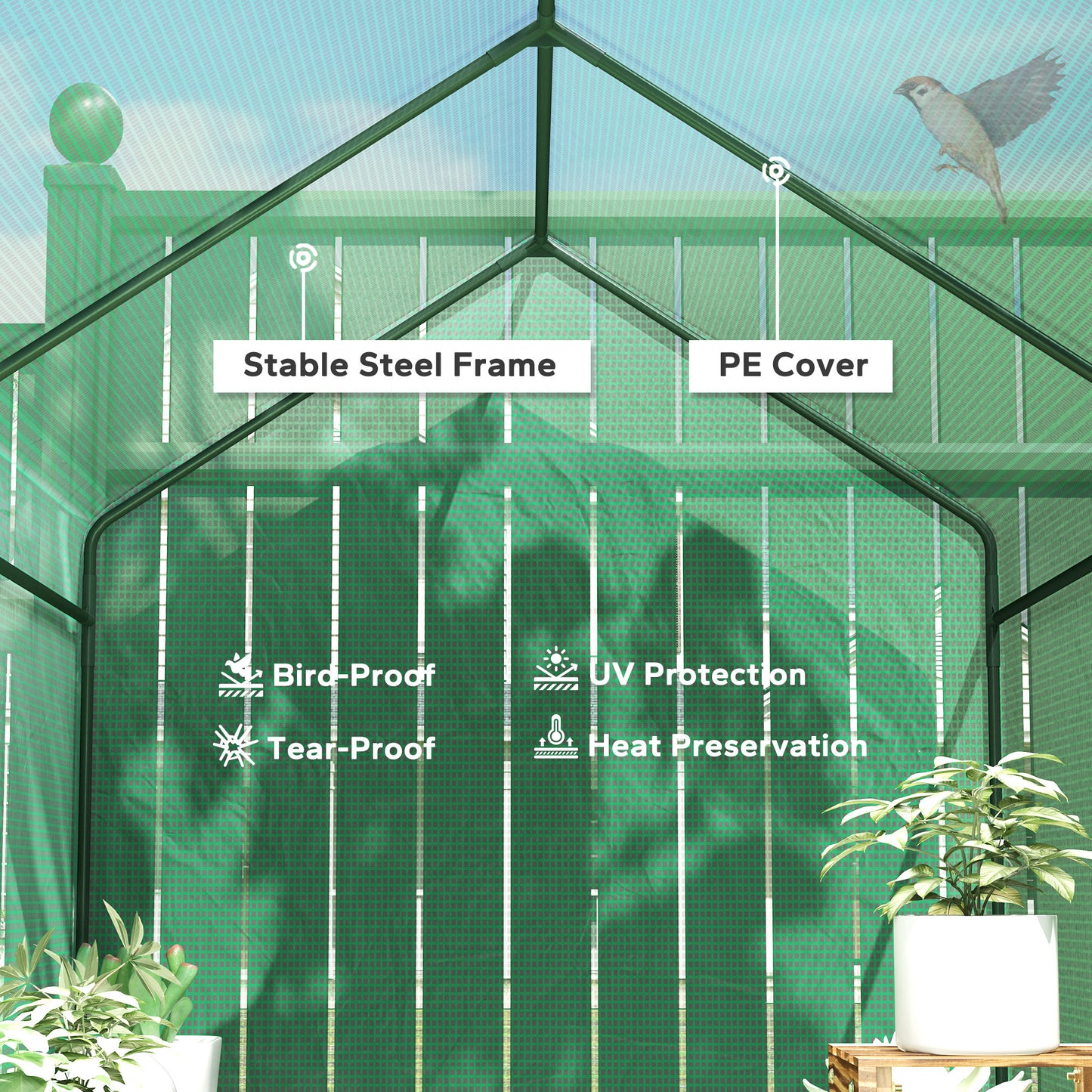 Outsunny Walk-in Greenhouse, 2 Tier 4 Shelves, Reinforced PE Cover, Roll-up Door, 120x186x190 cm, Green