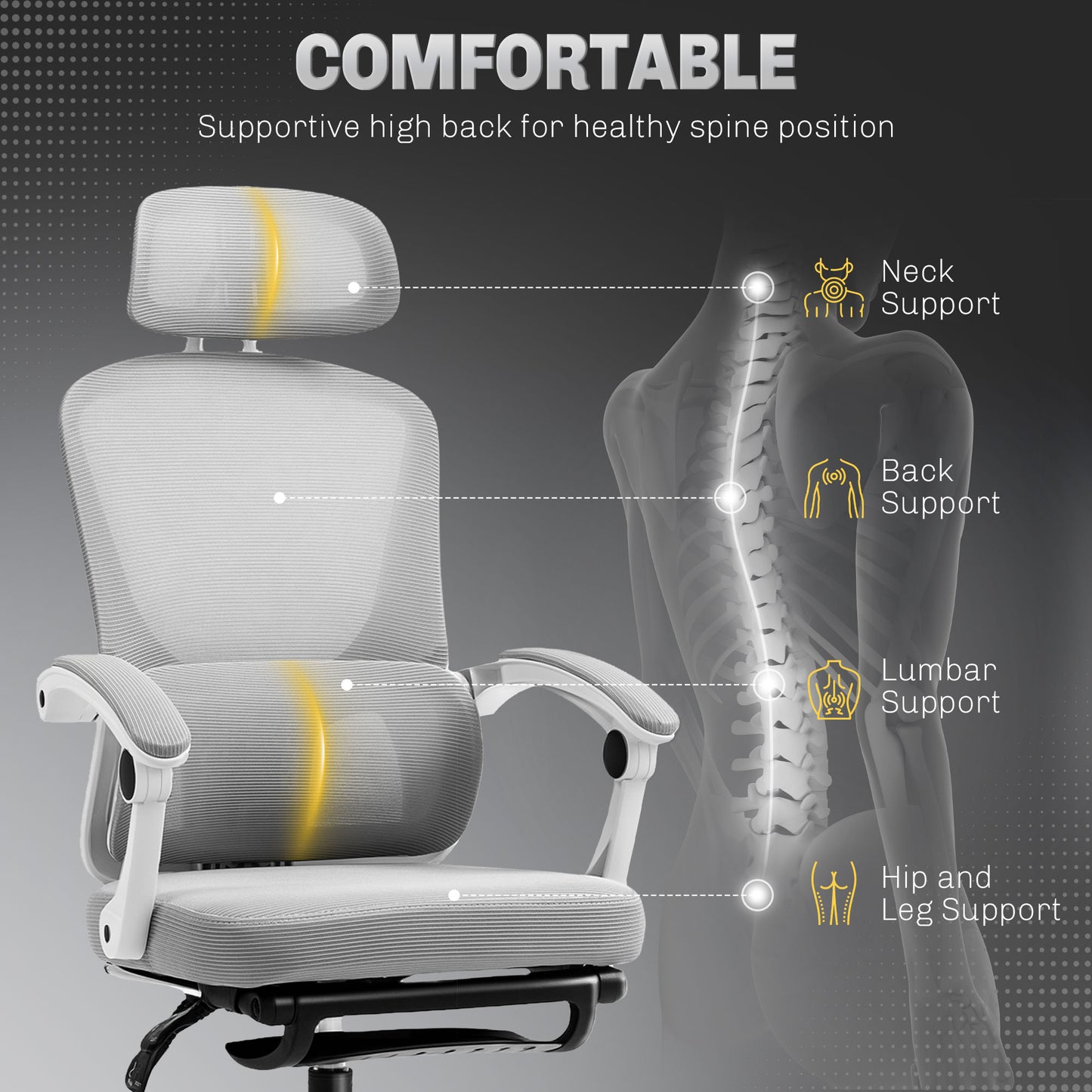 HOMCOM Ergonomic Office Chair, Mesh High Back, Adjustable Lumbar Support & Headrest, Footrest, Reclining Swivel, Home Study, Grey