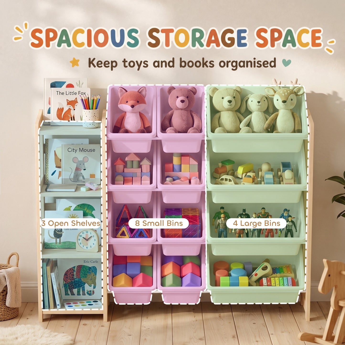 AIYAPLAY Toy Storage Organiser with 3 Shelves and 12 Bins, Wooden Toy Organiser for Playroom, Bedroom, Nursery, Natural
