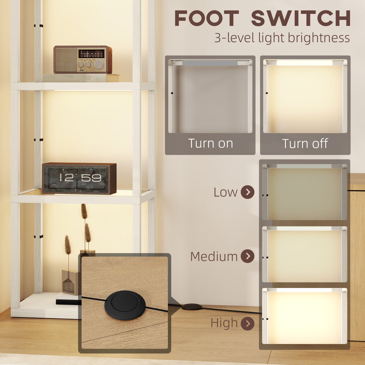 HOMCOM LED Floor Lamp with Glass Shelves, 4-Tier Dimmable Standing Light, Modern Shelf Lamp for Living Room, Bedroom, Office, Oak