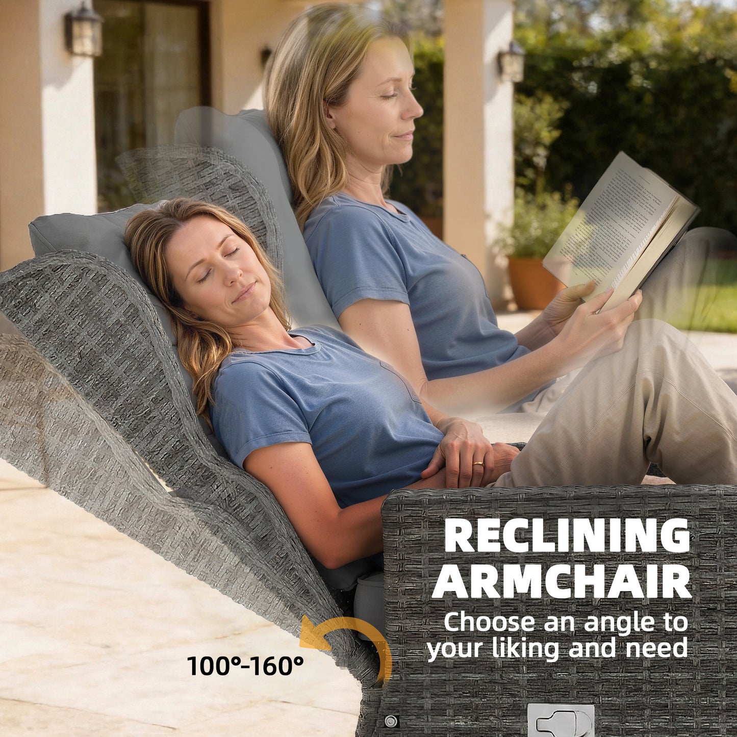 Outsunny 5 Seater Rattan Garden Furniture Set with Sofa, Reclining Chairs, Table, Patio Rattan Furniture Sofa Sets, Grey