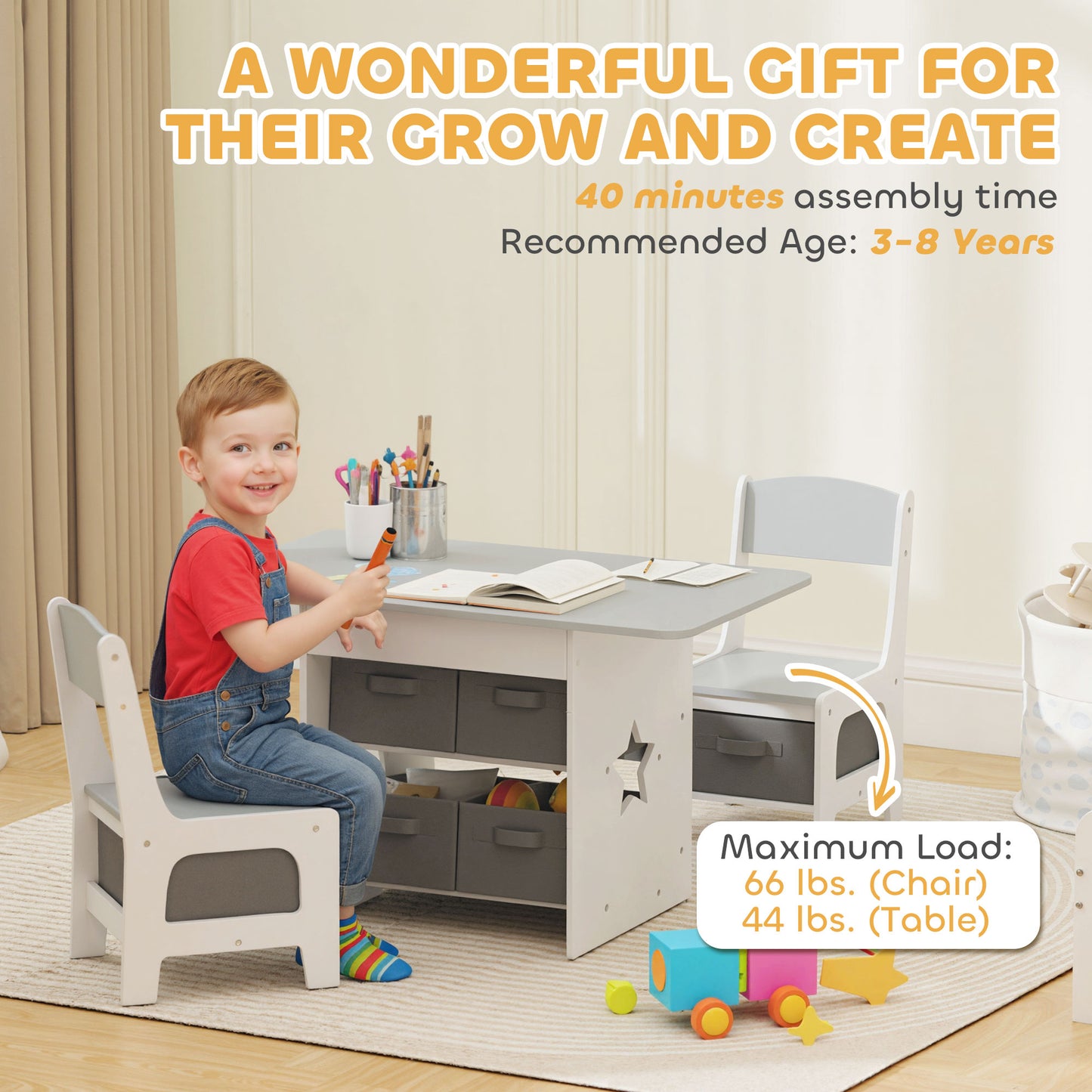 AIYAPLAY Kids Table and Chair Set, Toddler Table and 2 Chairs Set with 6 Removable Drawers, for Boys Girls Ages 3-8, Light Grey