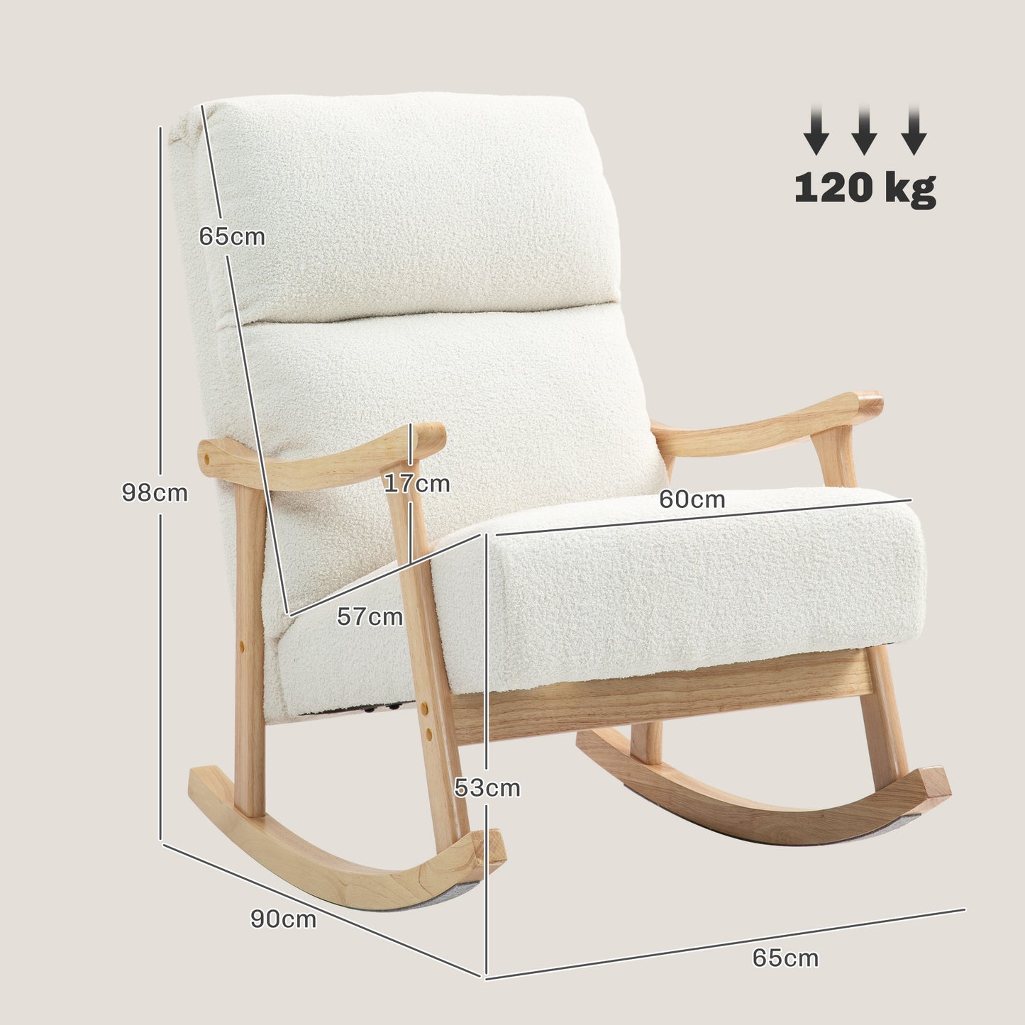 HOMCOM Upholstered Rocking Chair, Teddy Fleece Fabric, High Back, Armrests, Rubberwood Legs, Cream White