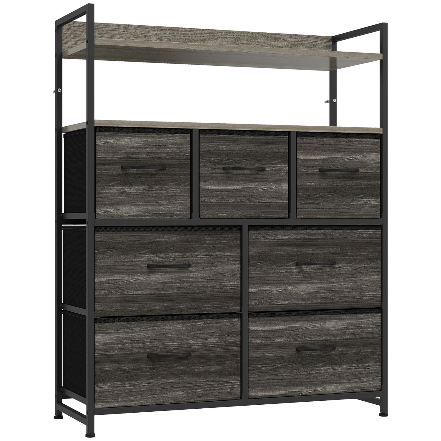 HOMCOM Chest of Drawers, Bedroom Fabric Dresser with 7 Drawers, Storage Organiser Unit with Open Shelves, Grey Wood-Effect