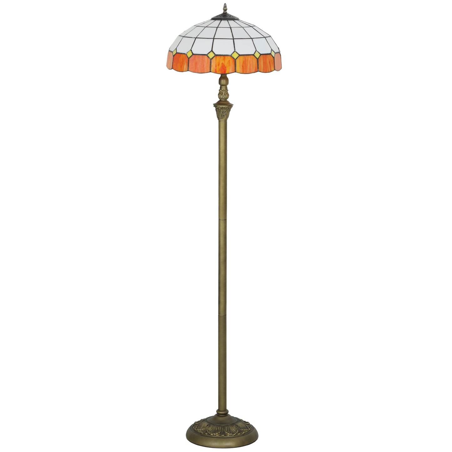 HOMCOM Tiffany-Style Floor Lamp, 152cm Vintage Standing Lamp with Stained Glass Shade, Foot Switch, Dual Sockets, Bronze Tone, Orange