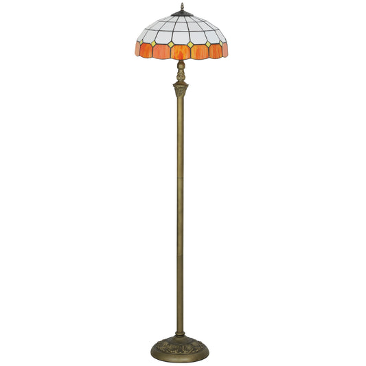 HOMCOM Tiffany-Style Floor Lamp, 152cm Vintage Standing Lamp with Stained Glass Shade, Foot Switch, Dual Sockets, Bronze Tone, Orange
