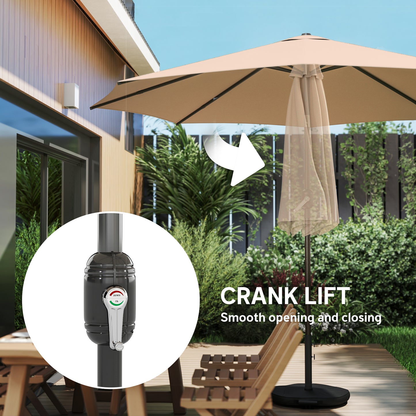 Outsunny 2.7 m Garden Parasol Umbrella with Cross Base and Sandbag, Retractable Ribs, Outdoor Table Market Umbrella, Khaki