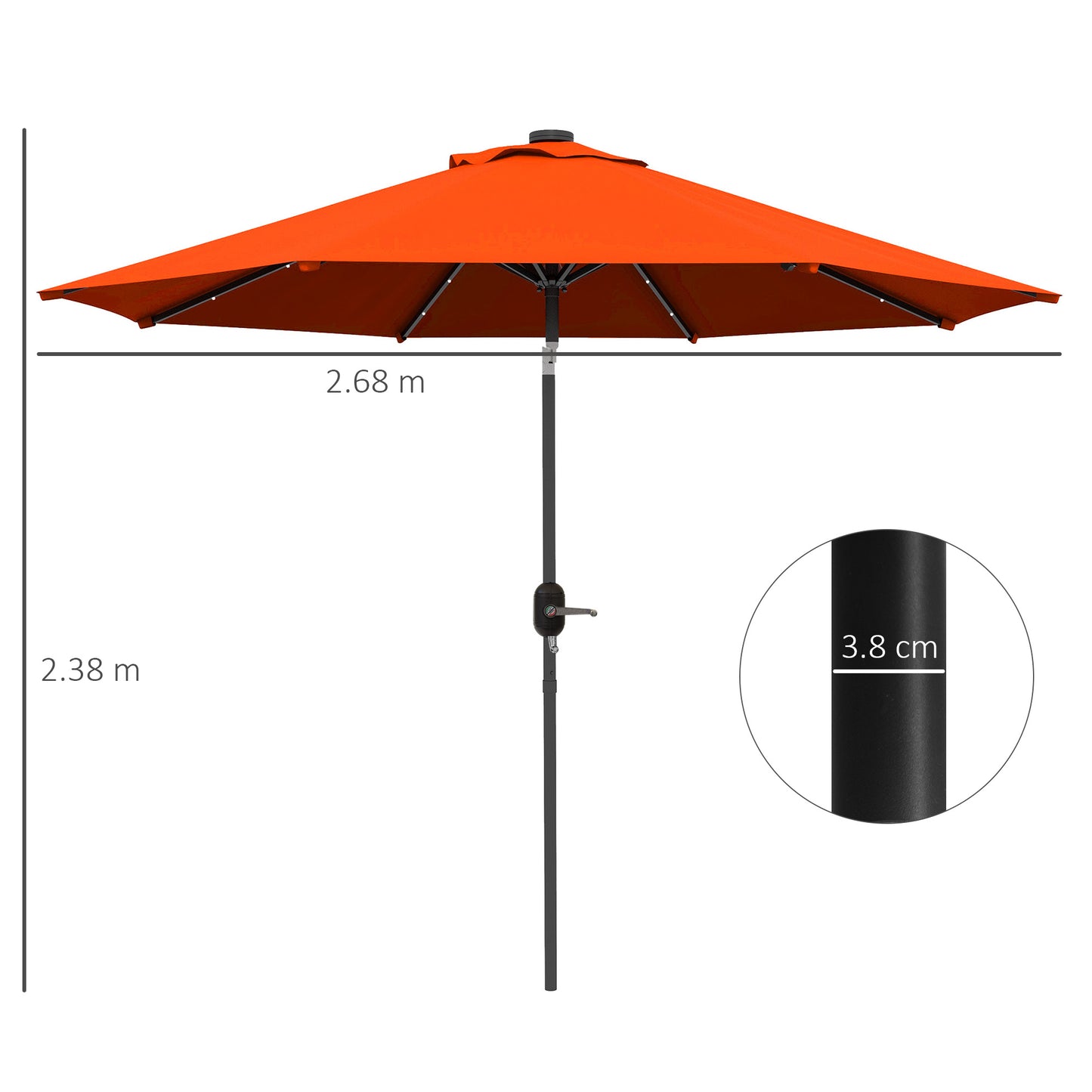 Outsunny 2.7m Outdoor Patio Garden Umbrella Parasol with Tilt Crank and 24 LEDs Lights Orange