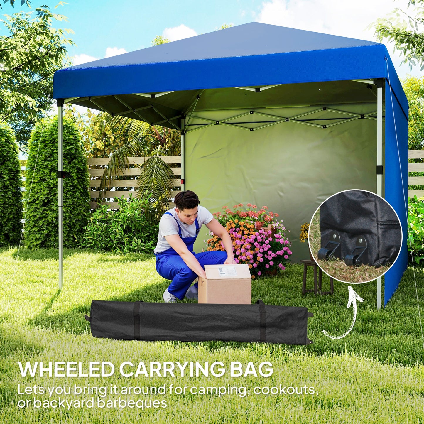 Outsunny Pop Up Gazebo 3x3m, UPF 30+, 2 Sidewalls, Leg Bags & Wheeled Bag, Height Adjustable Party Tent for Garden/Patio, Blue