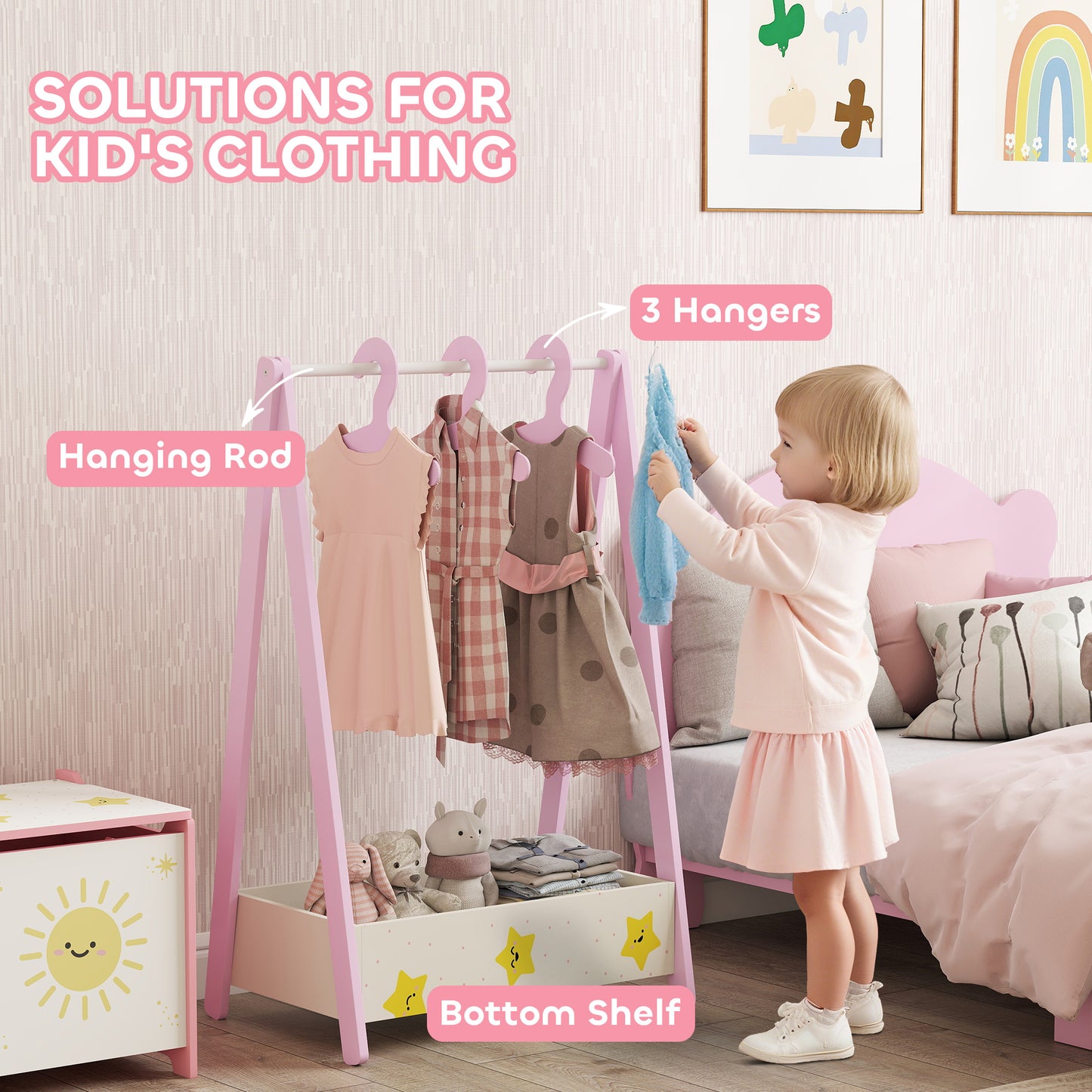 AIYAPLAY Baby Clothing Rack with Hangers, Storage Shelf for Bedroom, Star Theme, for Ages 3-6, Pink