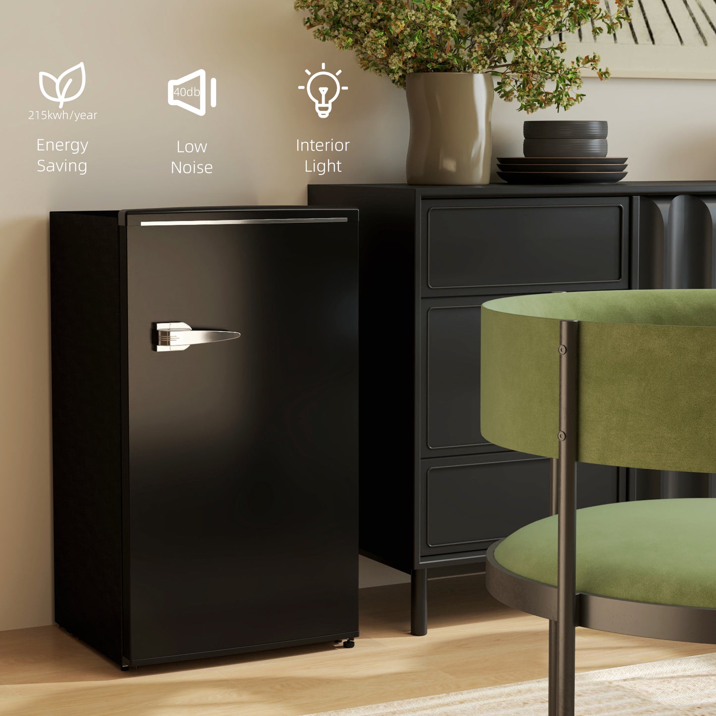 HOMCOM Under Counter Fridge, 85L Small Retro Refrigerator with Chiller Box, Adjustable Thermostat, Glass Shelves, Black