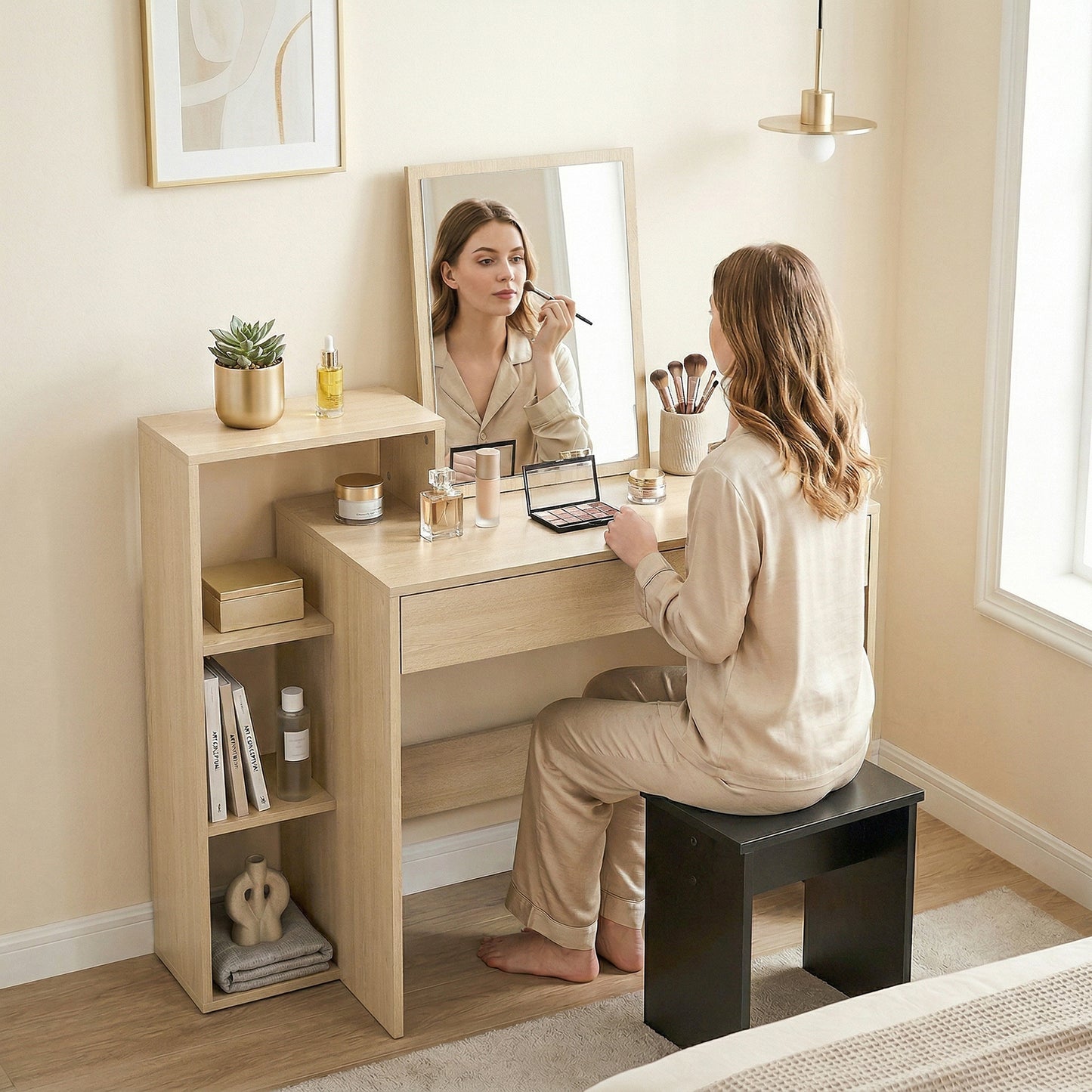 HOMCOM Desk with Storage, Computer Desk with 3 Open Shelves and Drawer, Workstation, Computer Table, Natural