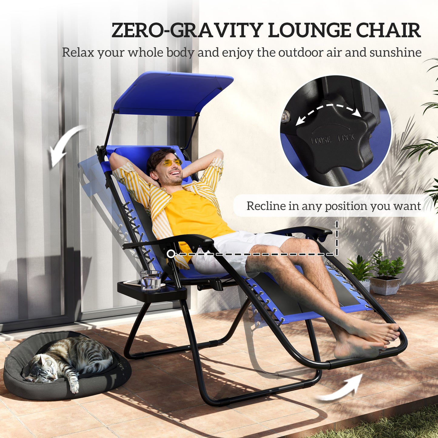 Outsunny Zero Gravity Lounger Chair Set of 2, Folding Recliner with Shade, Cup Holder, Cushion, Blue
