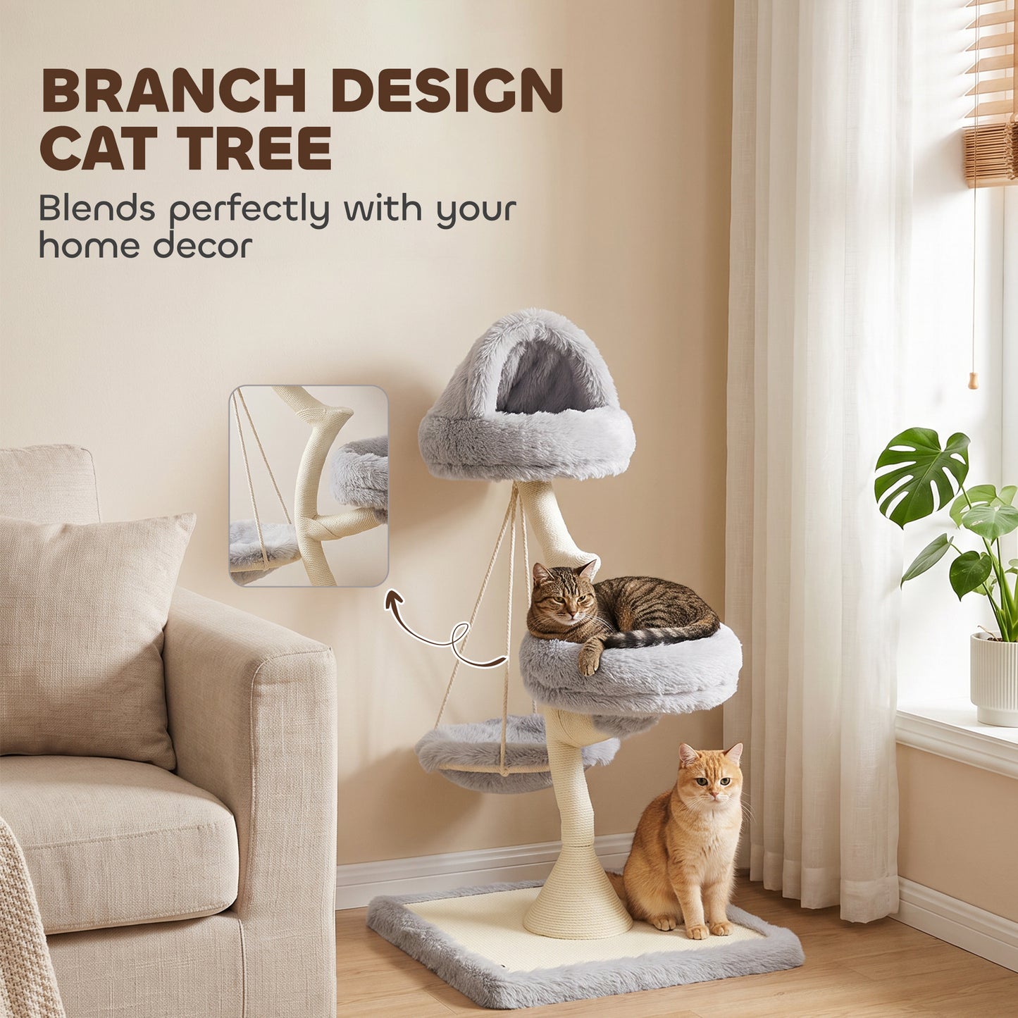 PawHut 115 cm Modern Cat Tree Tower for Large Cats with Sisal Scratching Post, Holds 1 Cat up to 6kg, Machine-Washable Beds