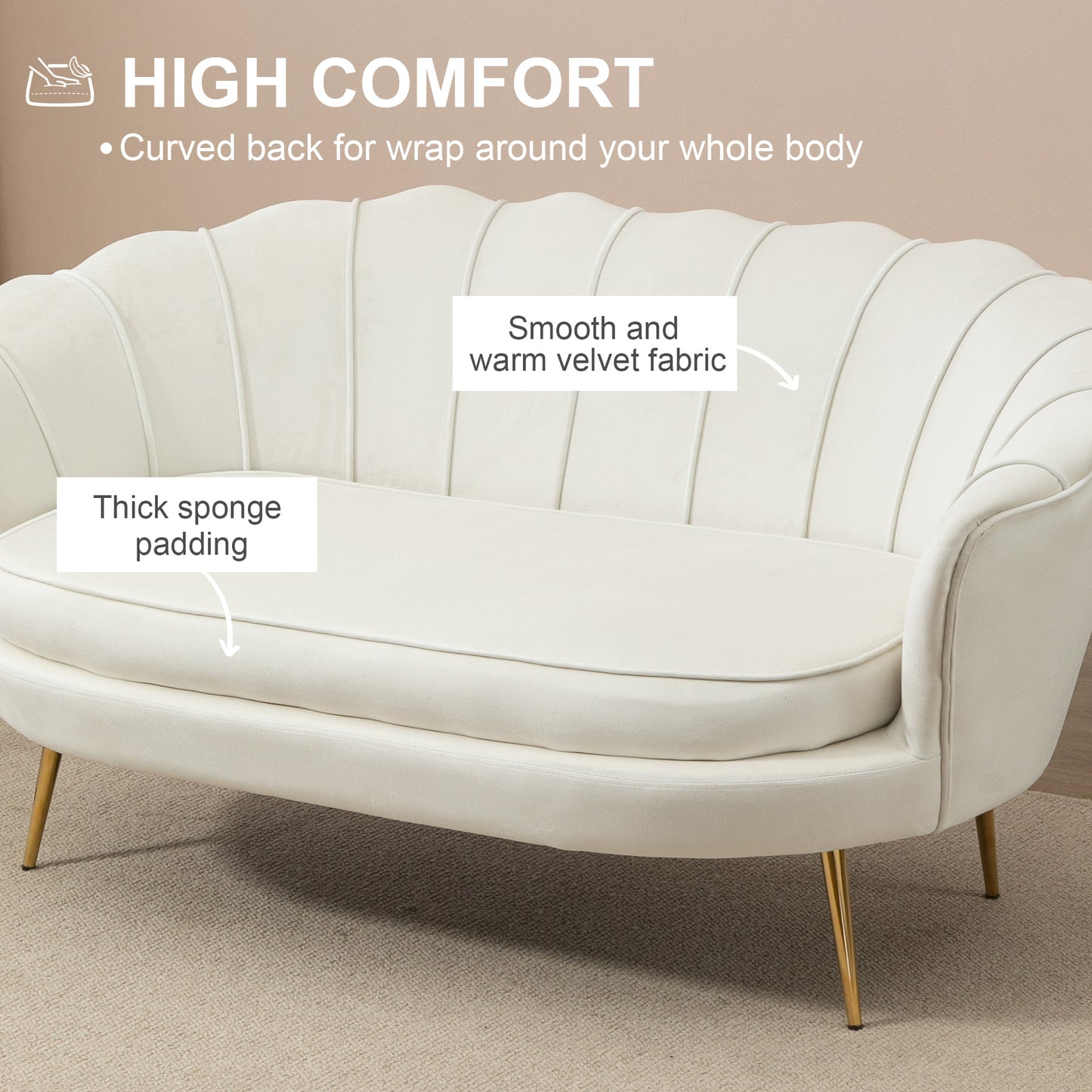 HOMCOM 2 Seater Velvet Loveseat with Gold Legs - Cream