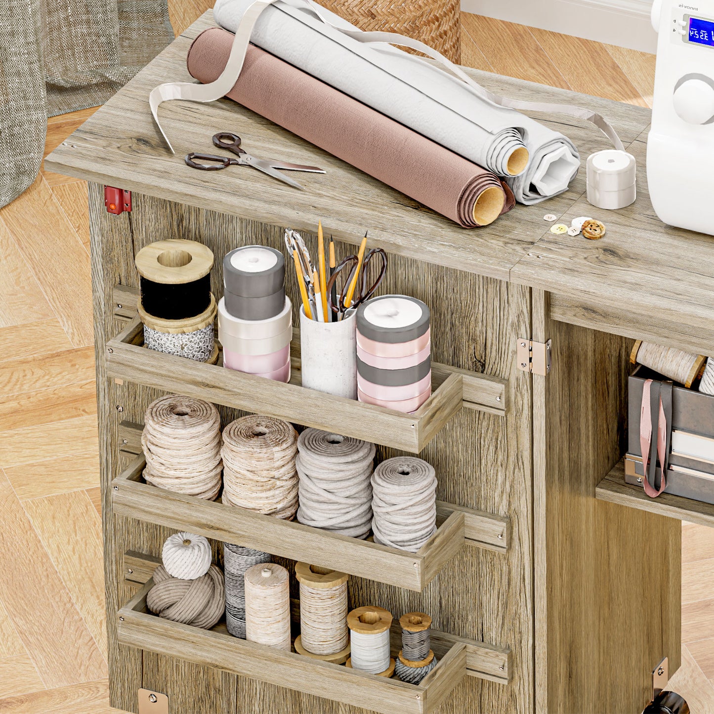 HOMCOM Folding Sewing Table, Drop Leaf Craft Table with Storage, Wheels, Sewing Cabinet Desk, Grey