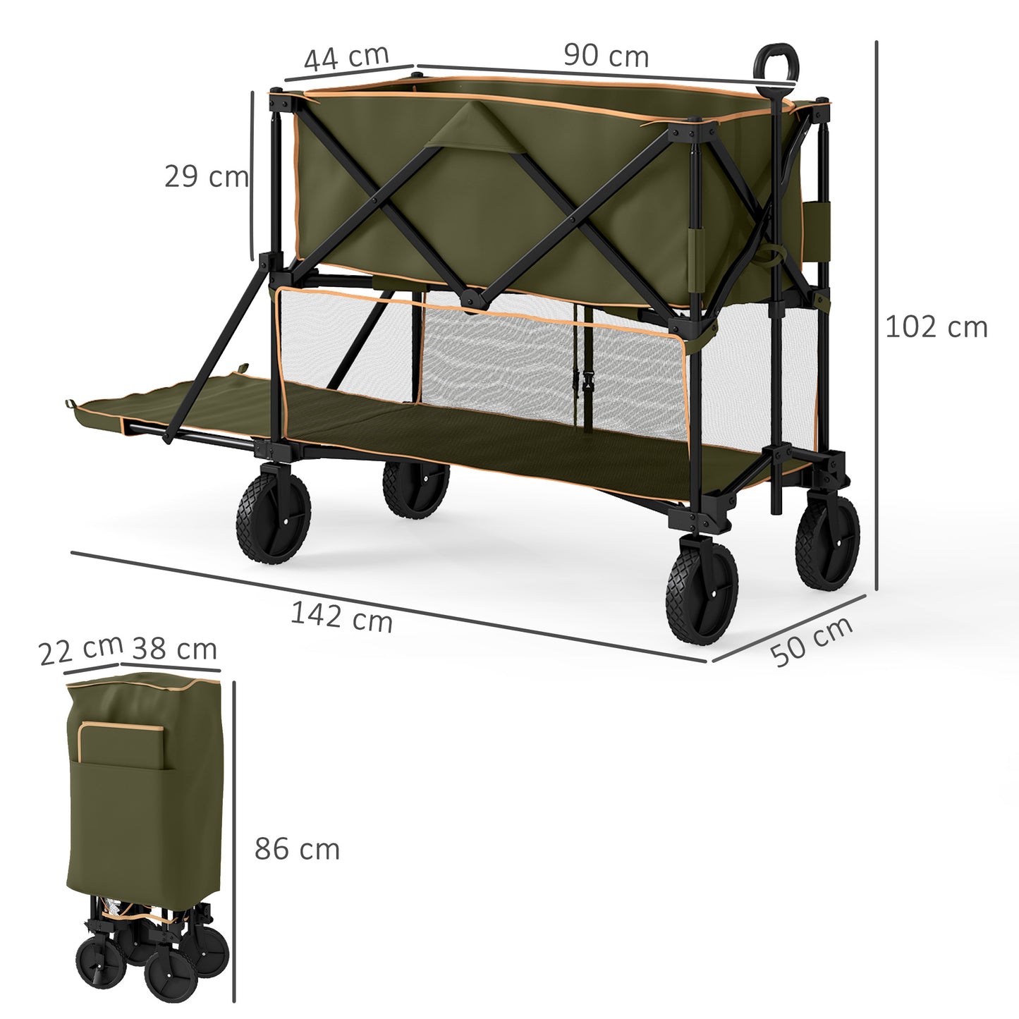 Outsunny Double Decker Folding Trolley on Wheels, 200KG & 350L Capacity Collapsible Wagon for Camping, Sports, Shopping, Garden & Beach, Grey
