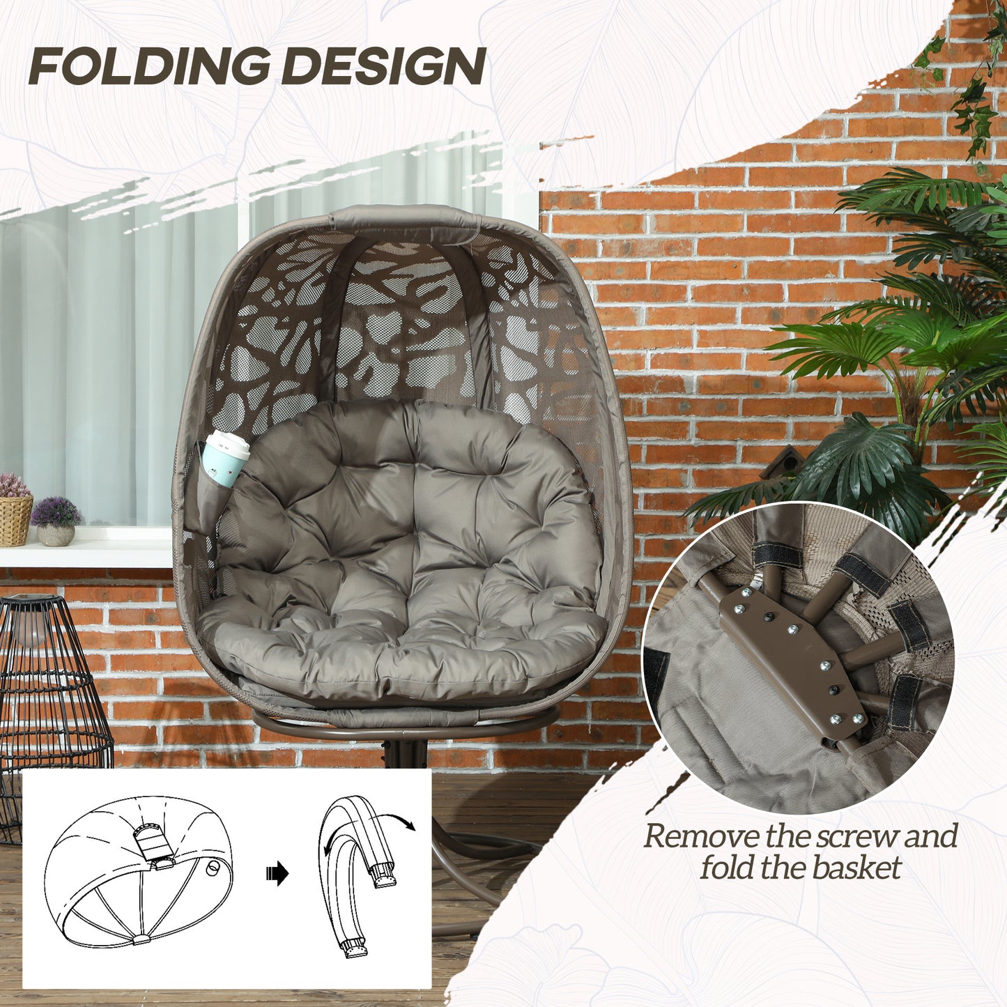 Outsunny Swivel Egg Chair w/ Cushions, Foldable Basket Seat & Metal Frame, Indoor/Outdoor, Sand Brown