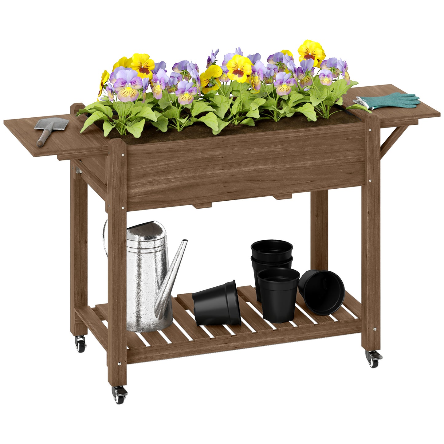 Outsunny Raised Garden Bed, Wooden Planter Box with Wheels, Side Tables & Bottom Shelf, Carbonised