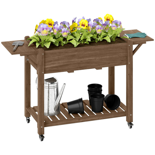 Outsunny Raised Garden Bed, Wooden Planter Box with Wheels, Side Tables & Bottom Shelf, Carbonised