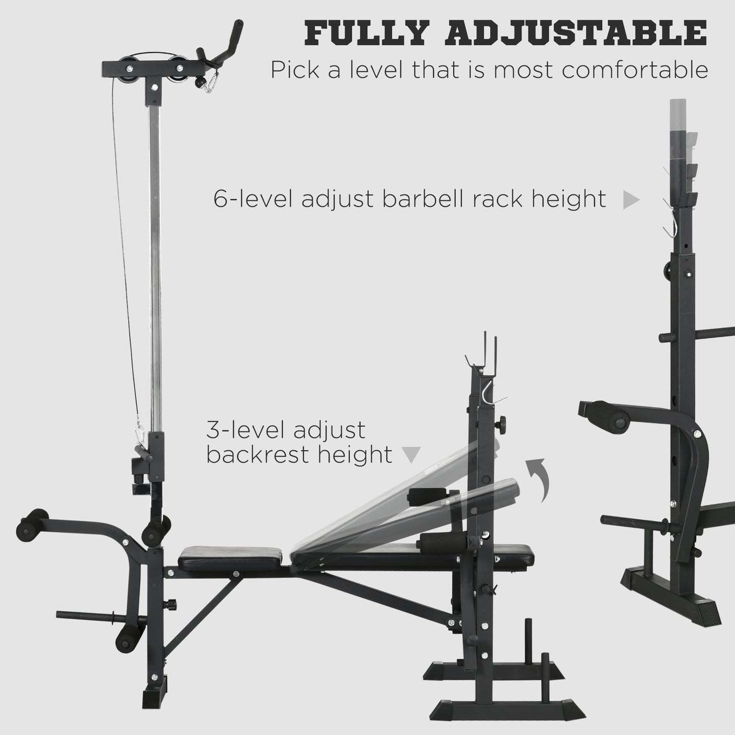HOMCOM Adjustable Weight Bench with Pulley System, Squat Rack, Leg Developer, Butterfly, Weight Storage for Home Gym Workout, Black.