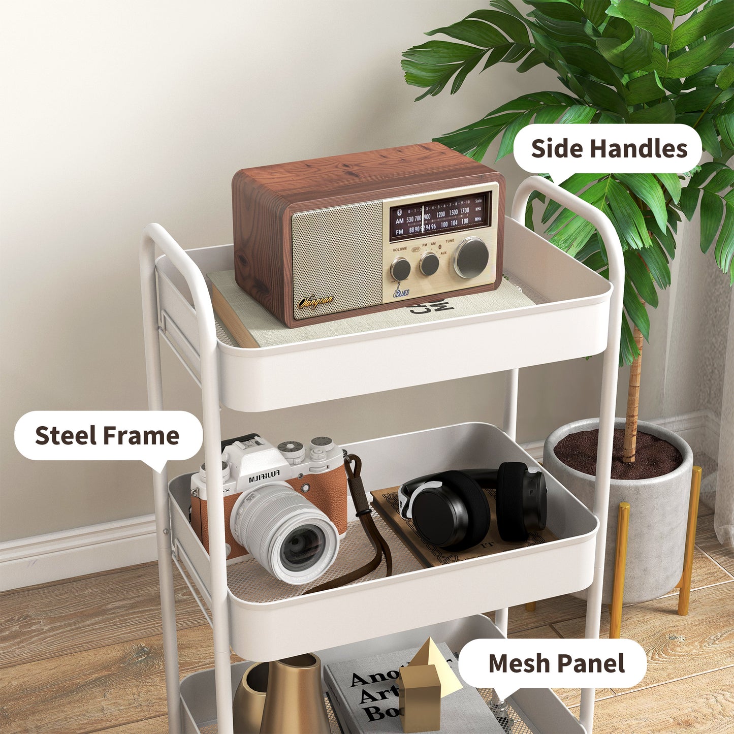 HOMCOM Three-Tier Steel Storage Trolley - White