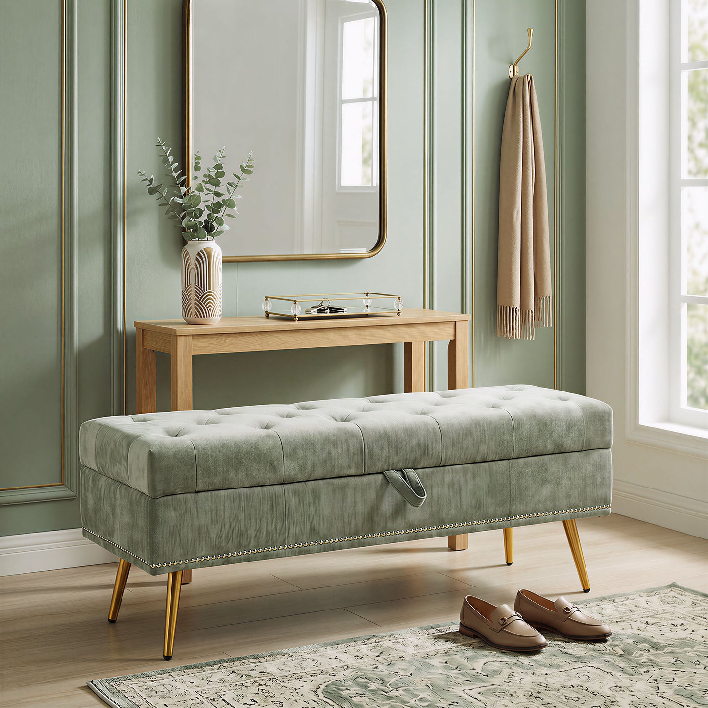 HOMCOM Storage Ottoman, Chenille Upholstered Ottoman Storage Box with Padded Seat, Metal Legs, 114 x 41 x 45 cm, Light Green