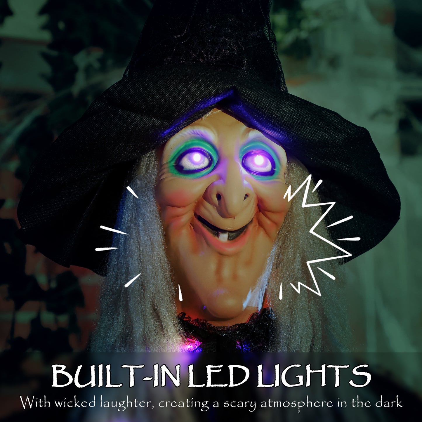 Outsunny 183 cm Life Size Halloween Animated Hanging Witch with Glowing LED Eyes & Body, Battery Operated Indoor Party Props, Spooky Decorations