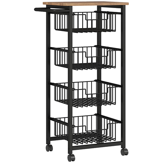 HOMCOM Four Basket Mobile Kitchen Island, with Brakes - Oak/Black