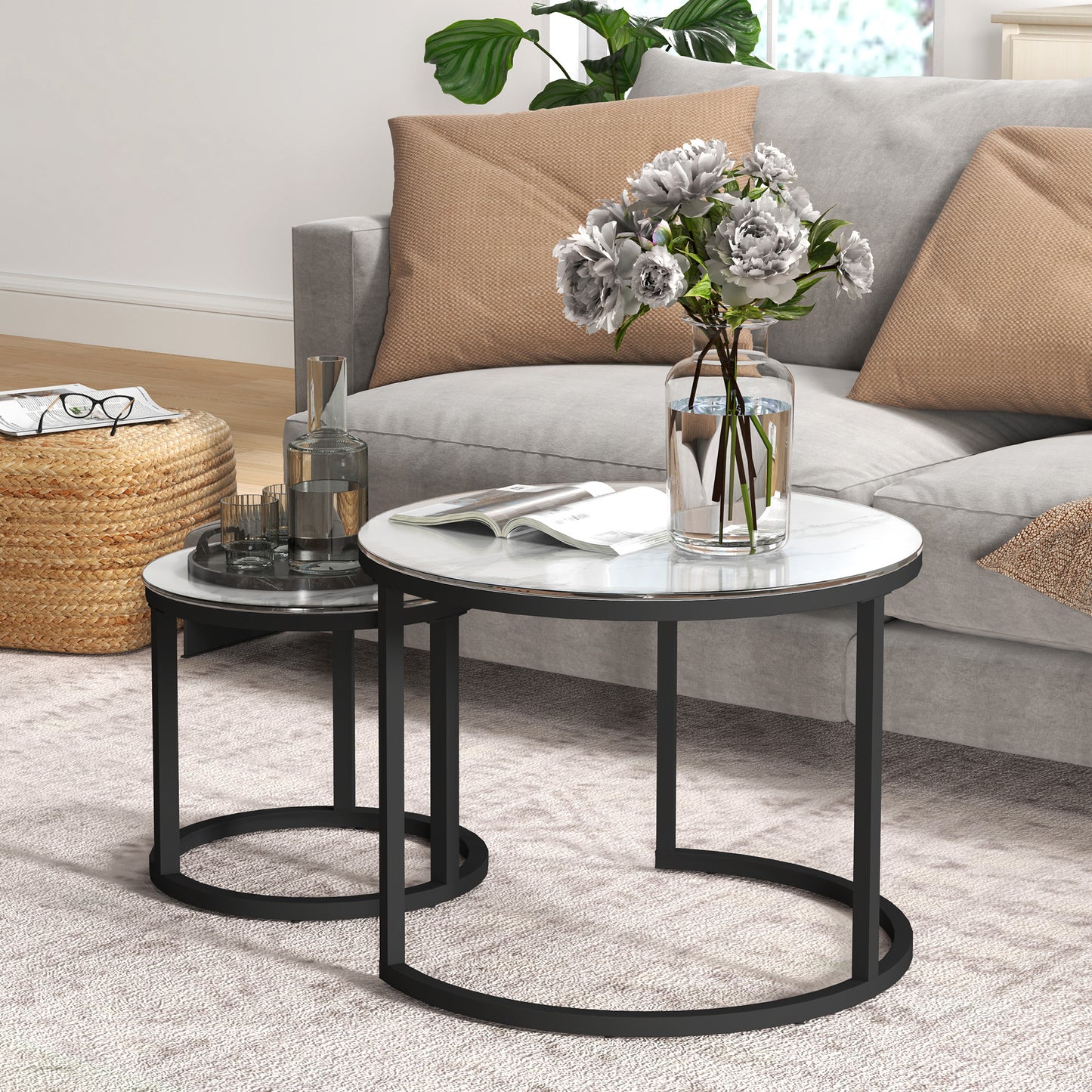 HOMCOM Glass Coffee Table Set, Round Marble-Effect Tempered Glass Top & Steel Frame, White