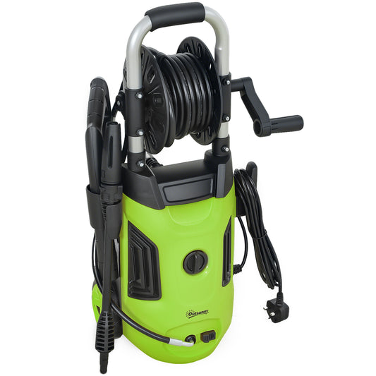 Outsunny 1800W High Pressure Washer, 150 Bar, 420 L/h, with Adjustable Nozzle, 6M Hose, Reel, Steel Handle for Home Patio Car, Green