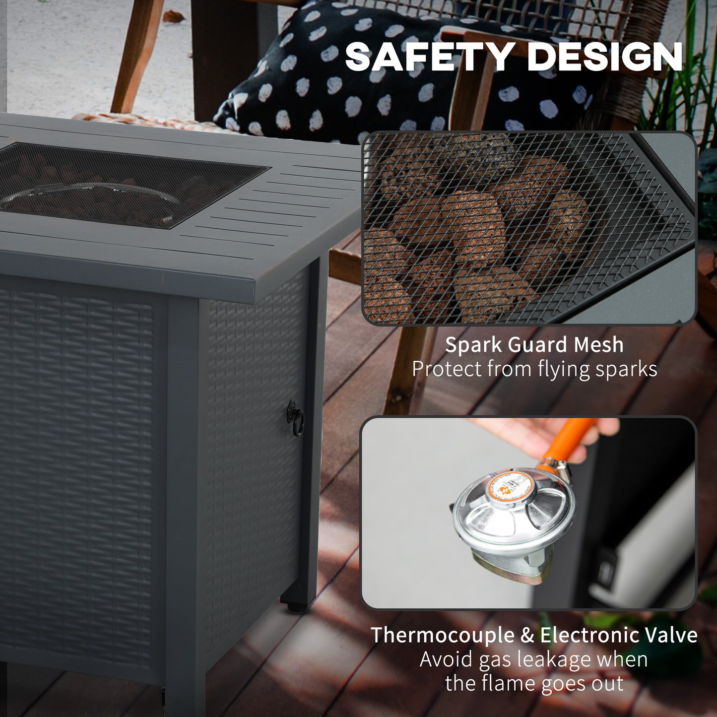 Outsunny Rattan-style Gas Fire Pit Table, 40,000 BTU Burner, Smokeless Patio Heater, Grey + Accessories