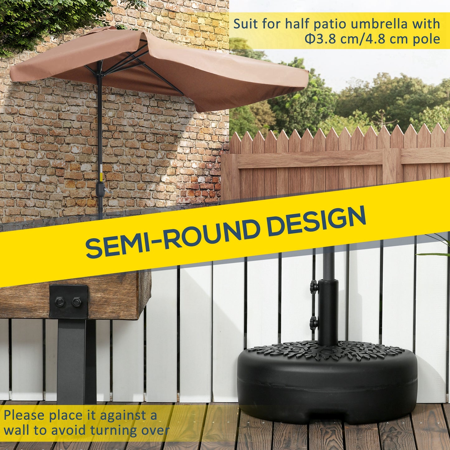 Outsunny Half Round Umbrella Base, 18kg Water/21kg Sand, Fits 3.8cm/4.8cm Pole, Black for Deck/Garden