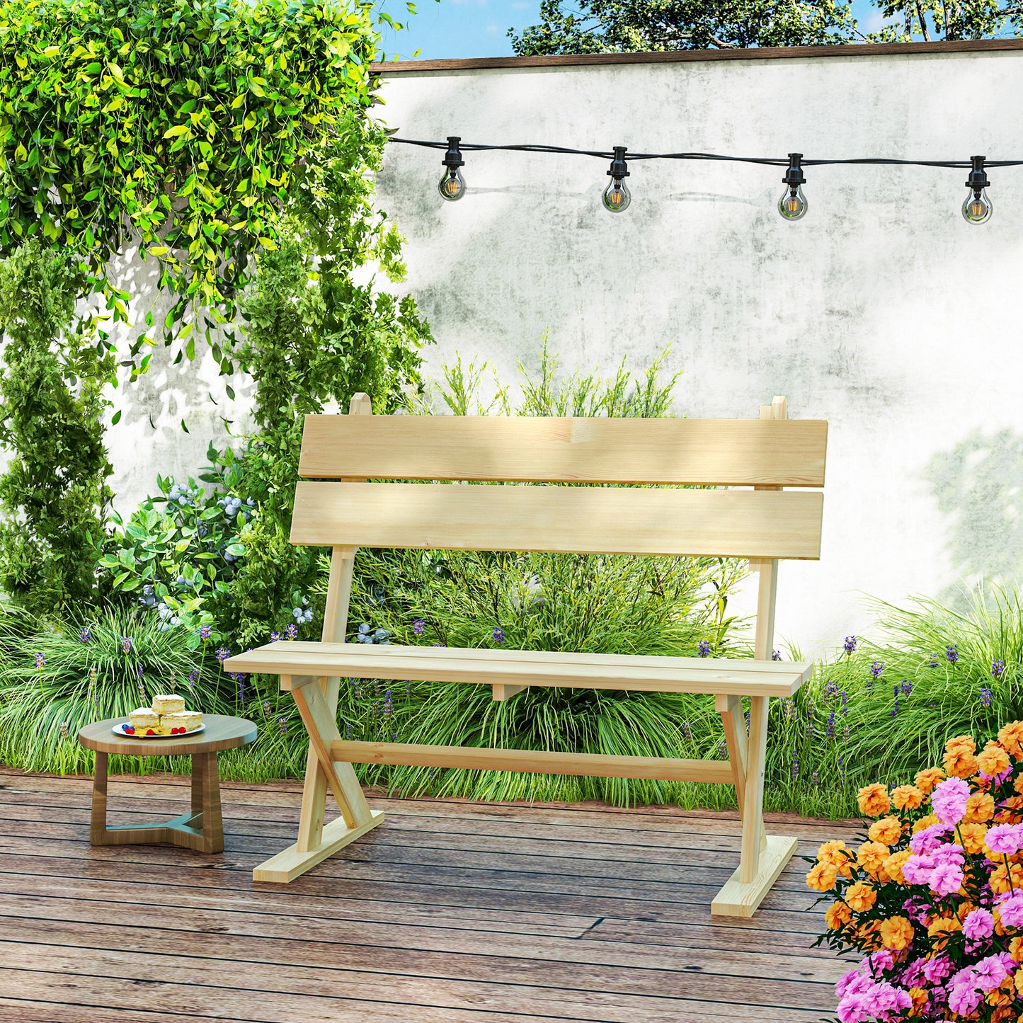 Outsunny 2 Seater Wooden Garden Bench, Fir Wood Loveseat with Slatted Seat & Sloping Back, Natural Finish