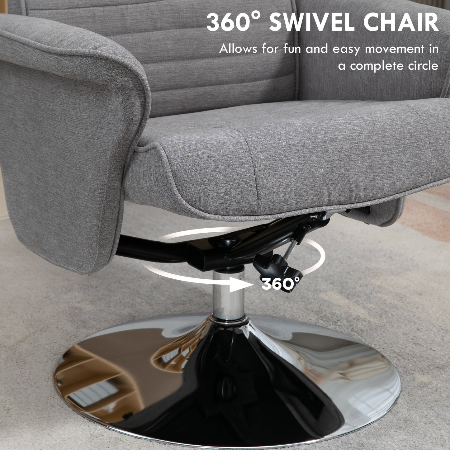 HOMCOM Swivel Recliner Chair with Footstool, Velvet Upholstered Armchair with Ottoman, Steel Base for Living Room, Bedroom, Office, Grey