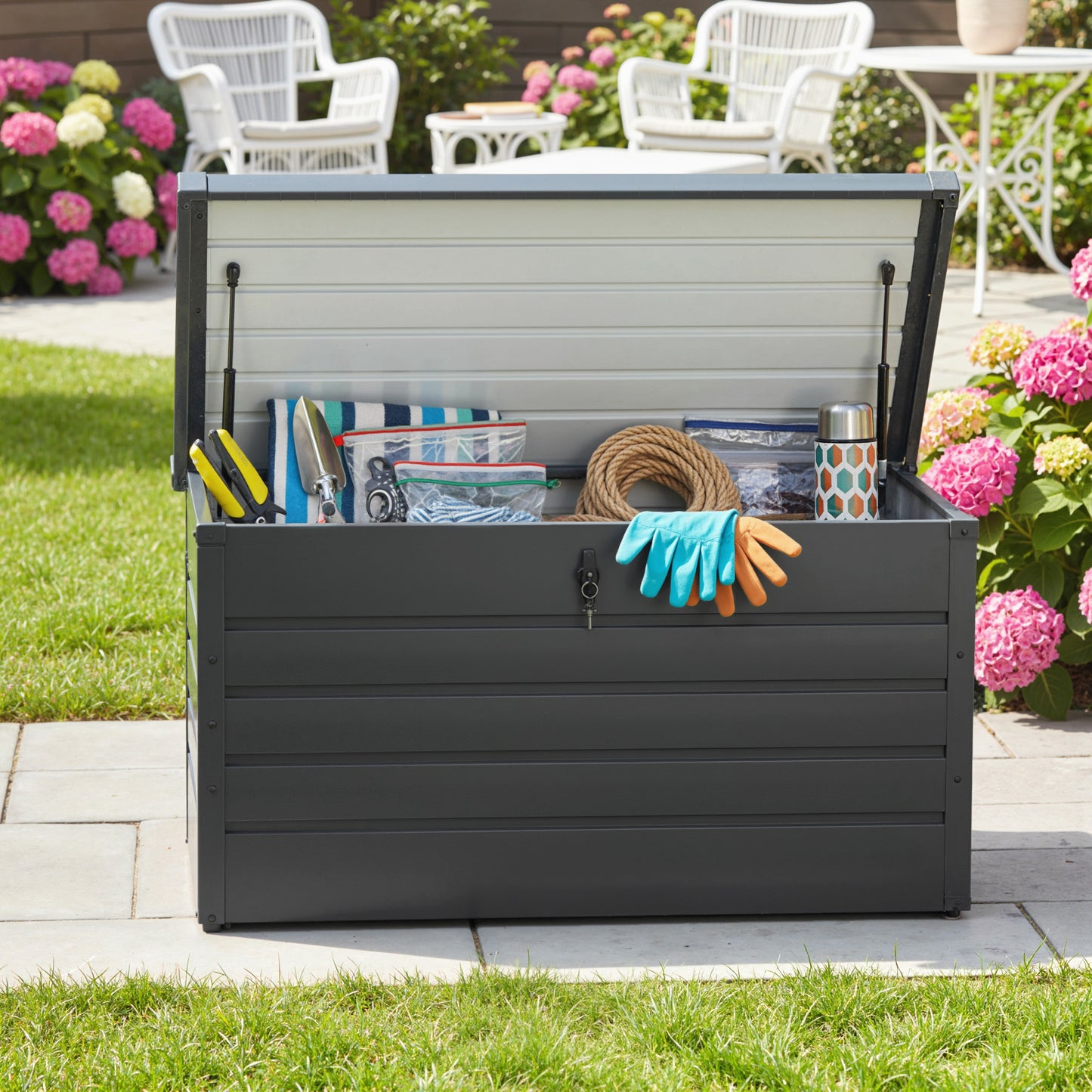 Outsunny 311L Garden Storage Box, Outdoor Storage Box Waterproof with Lockable Lid, Galvanised Steel Garden Bench for Tools