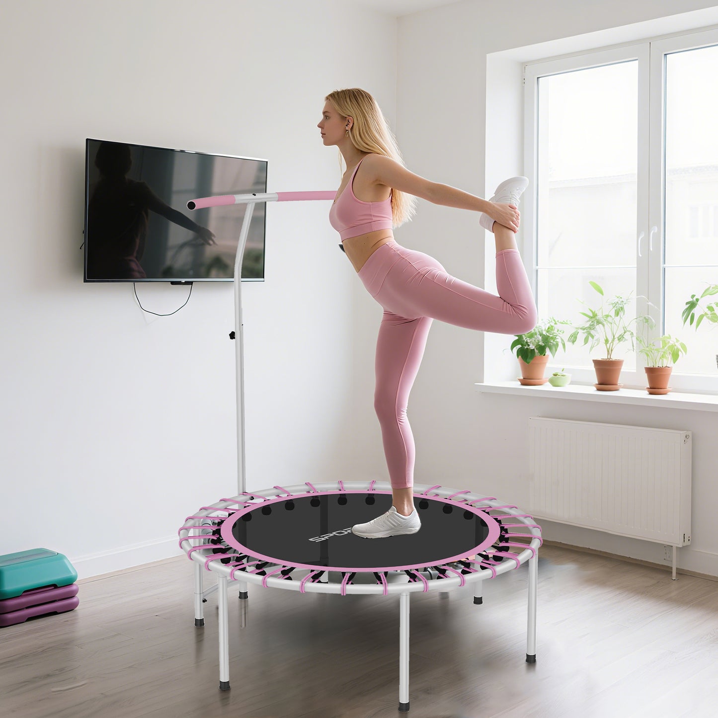 SPORTNOW 40" Fitness Trampoline, Mini Rebounder for Adults with 5-Level Adjustable Handle, Indoor Exercise, Max Load 100KG, Purple