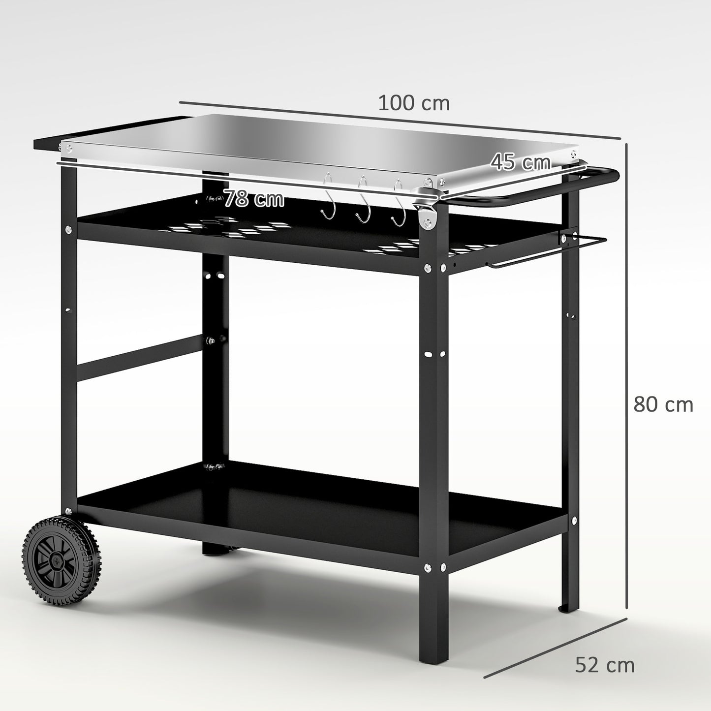 Outsunny BBQ Trolley, Stainless Steel Top, Adjustable Shelf, Hooks, Tray, Towel Rack, Pizza Oven Table, Movable Grill Cart with Cover, Black