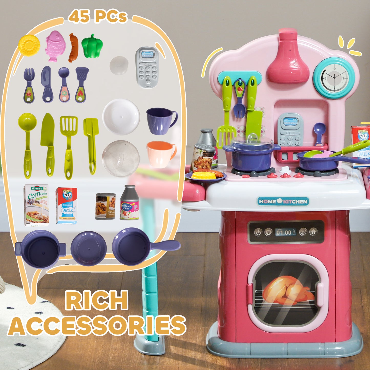 AIYAPLAY Toy Kitchen 45 Pieces Kids Kitchen with Rotating Side Tables for Children 3-6 Years Pink