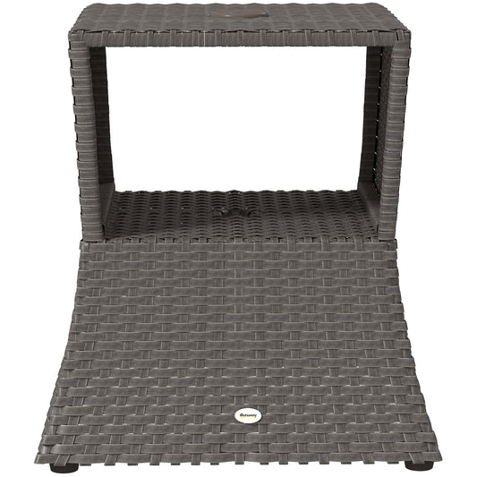Outsunny Rattan Outdoor Coffee Table, Wicker Garden Patio Bistro Side Table with Umbrella Hole and Storage Space, Dark Grey