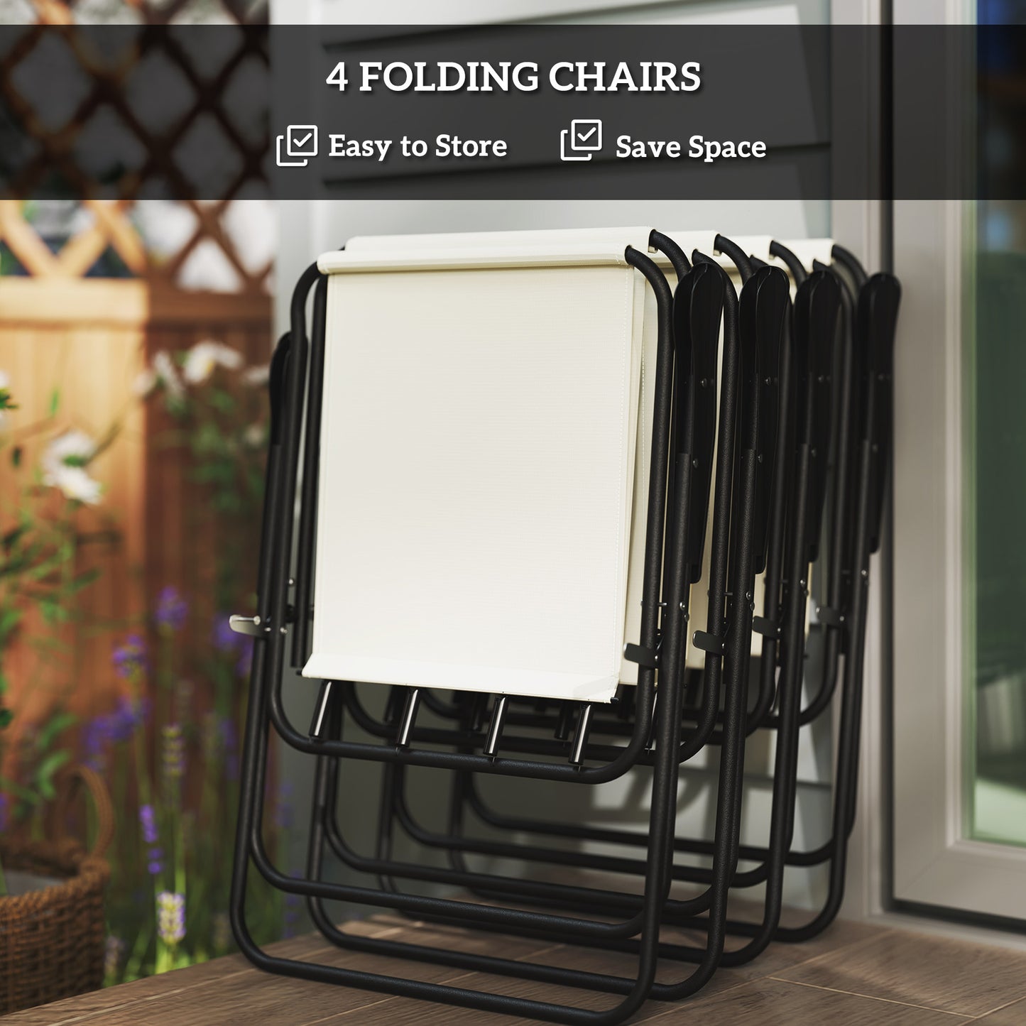 Outsunny 4 Seater Garden Furniture Set, 6 Pieces with Parasol, Folding Chairs & Glass Table, Cream White