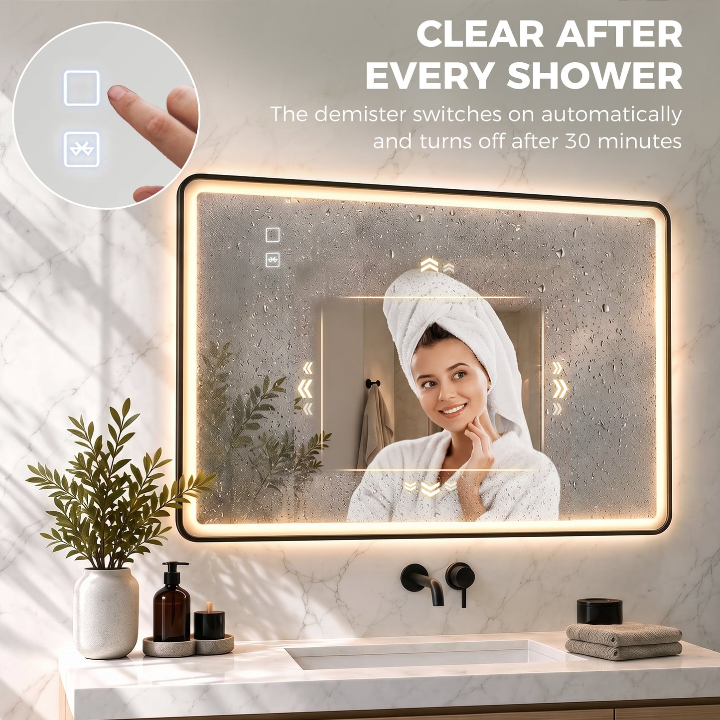 HOMCOM Bathroom Mirror with LED Lights, 100x70cm Rectangle Bathroom Mirror, Dimmable, Bluetooth, Anti-Fog, Black