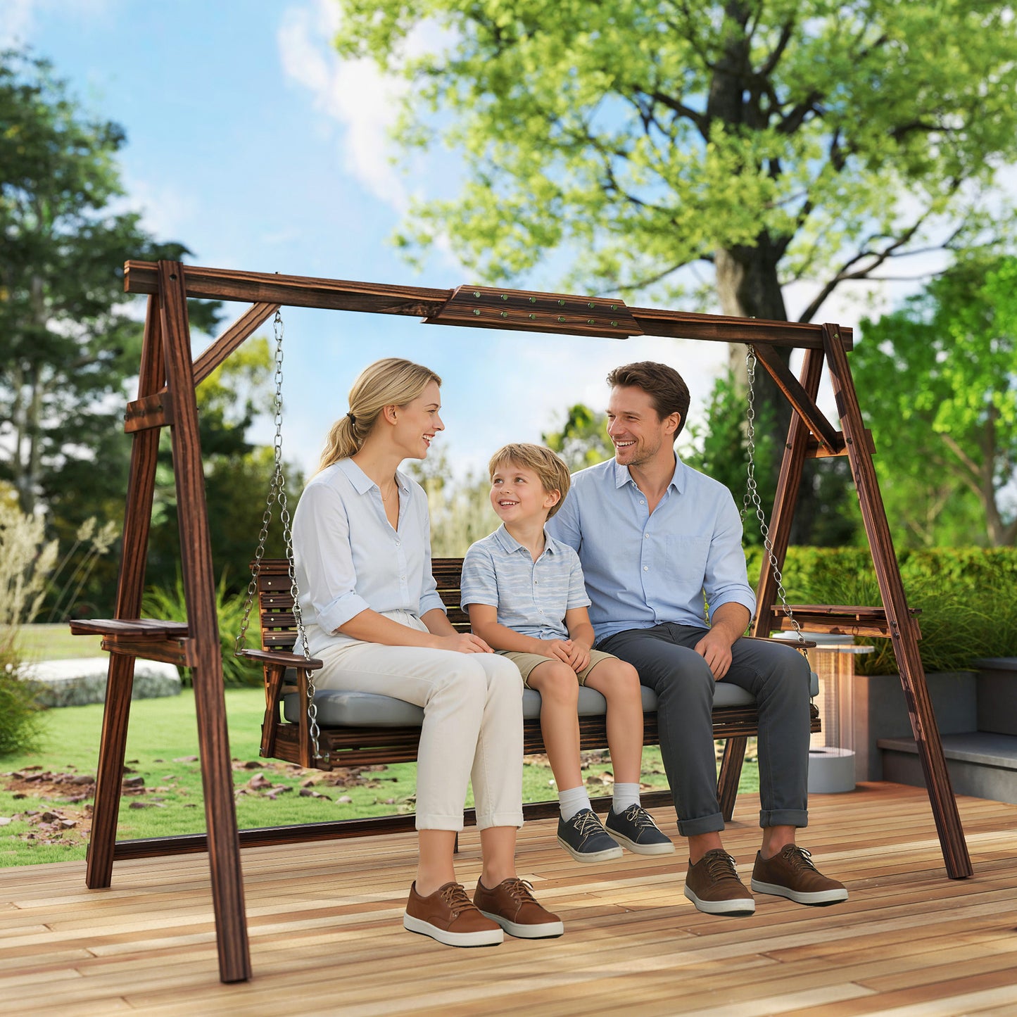 Outsunny 3 Seater Garden Swing Seat, Wooden Swing Chair Bench with Cushion, Side Trays and Metal Chains, for Outdoor Porch Patio, Carbonised Brown